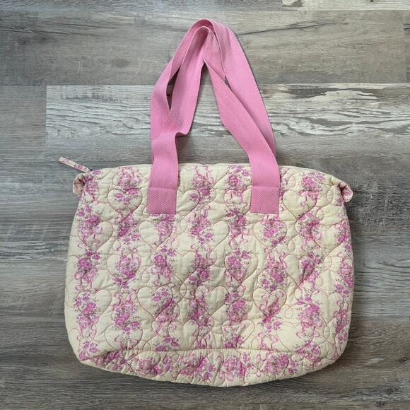 LoveShackFancy Oran Quilted Weekender Bag Pink Floral Heart Stitch Cotton - Picture 2 of 8